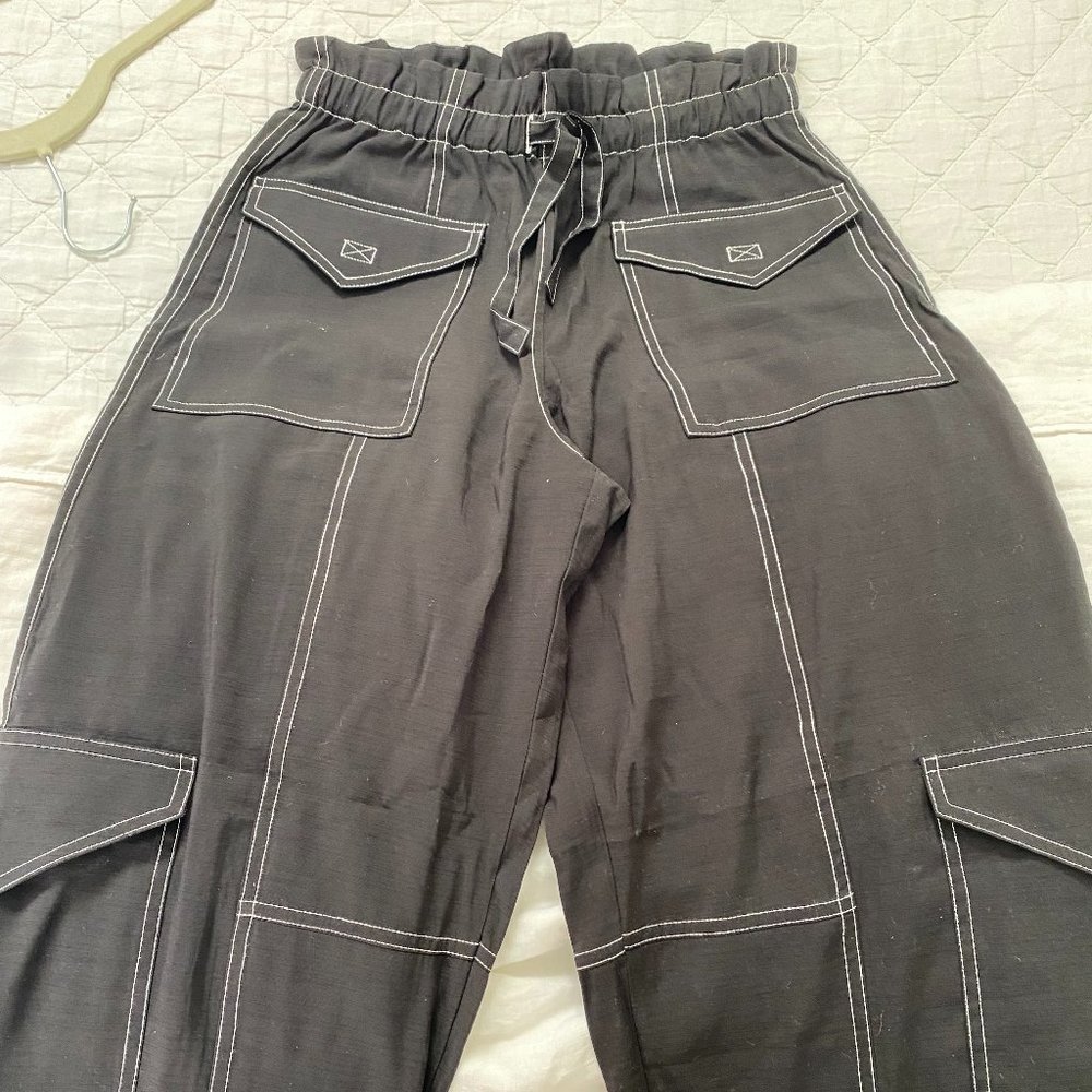 GANNI Black Paper Bag Waist Slub Cargo Pants - Sz 36